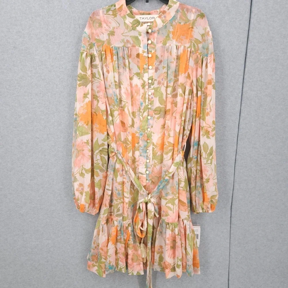 Taylor Printed Button Front Long Sleeve Floral Dress w Slip Womens Size 16 NWT